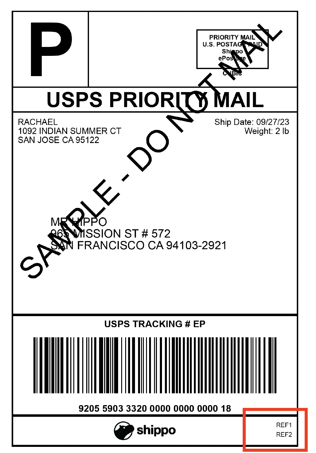 USPS sample label with the location of ref1 and ref2 highlighted