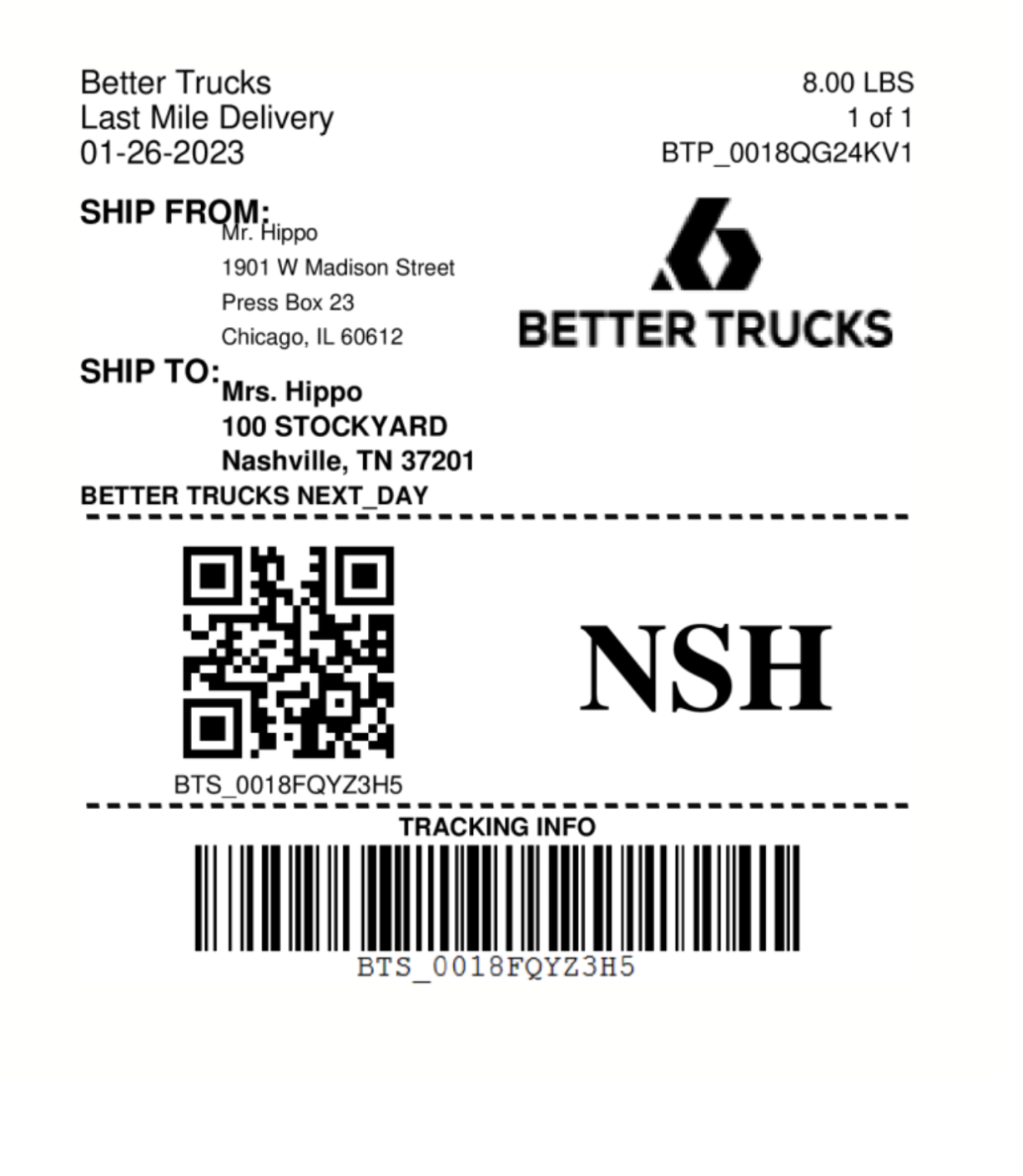 Example label created form a single call purchase